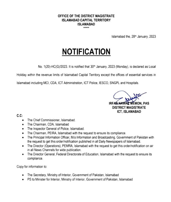 Govt notify, schools offices holiday, January 30