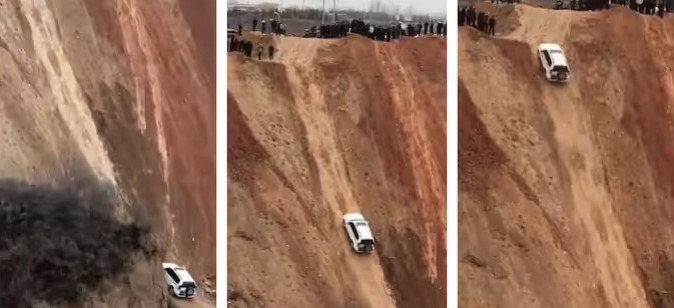 Viral video, Car drives straight up the cliff