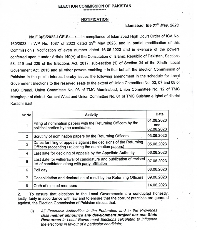 ECP unveils schedule for by-polls on four reserved LG seats