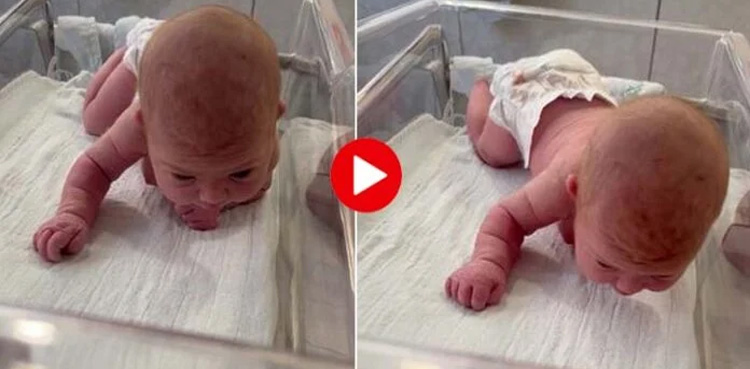 Mother shocked, three-day-old, baby girl, lifts her head,