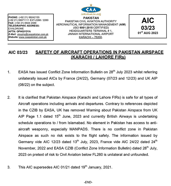 Pakistan CAA, EASA, risk alert, flight operations, flight safety