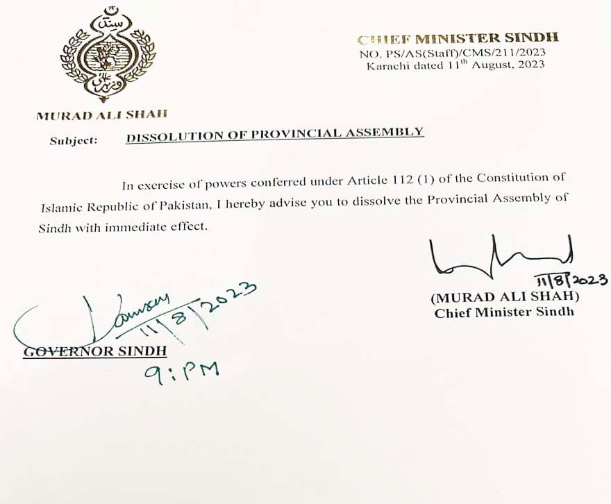 Sindh Assembly, Governor Kamran Tessori, Sindh Assembly dissolution