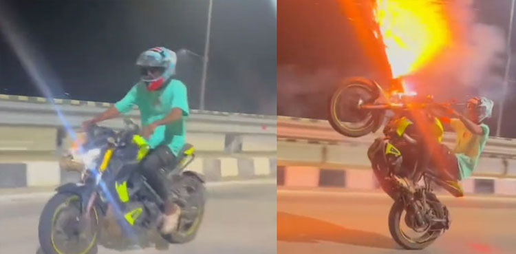 bike with firecrackers, man performs stunt, viral video