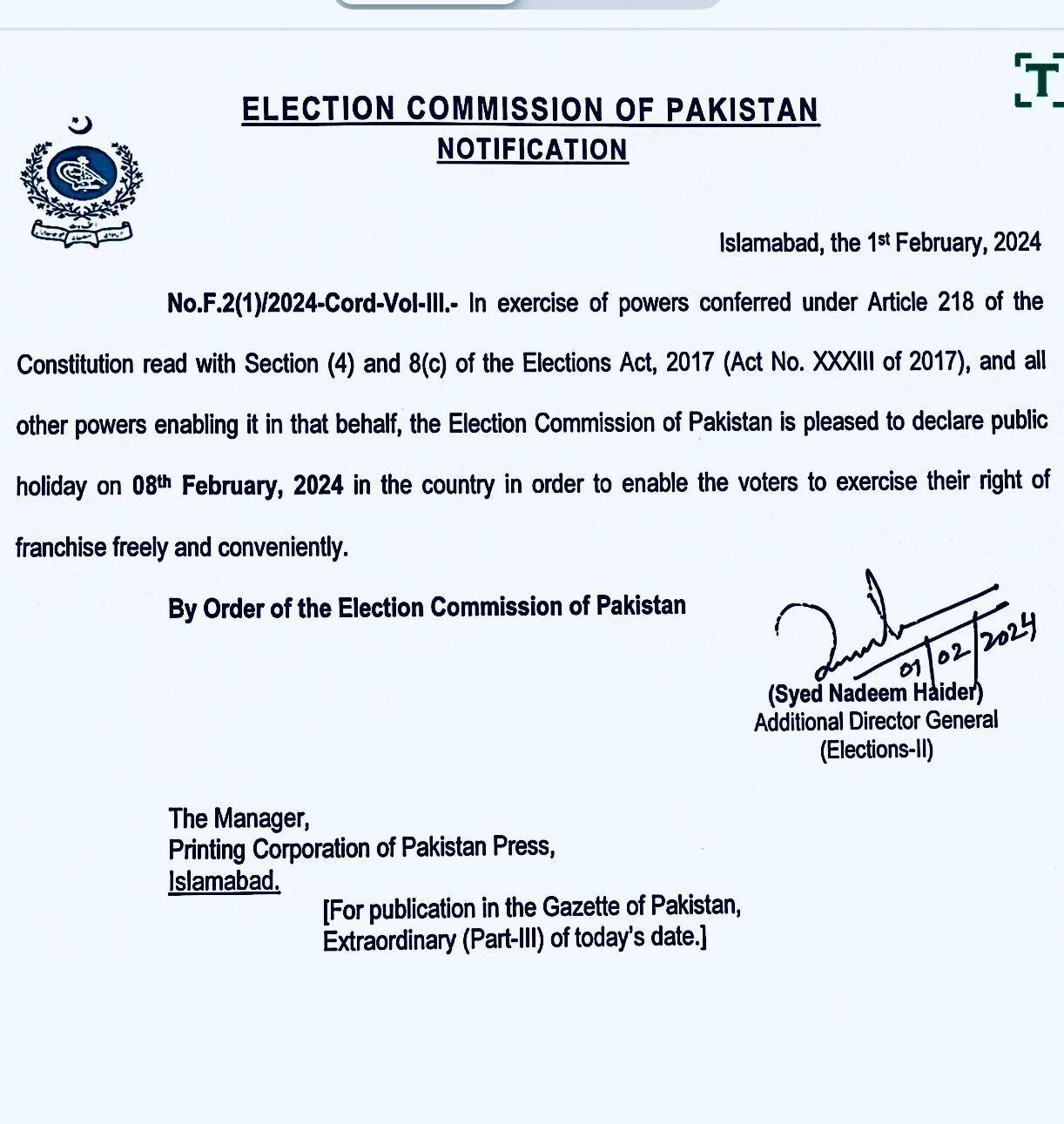 Election 2024 ECP announces public holiday on Feb 8