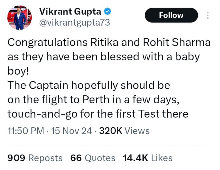 Rohit Sharma, wife Ritika Sajdeh welcome a baby boy: Indian media